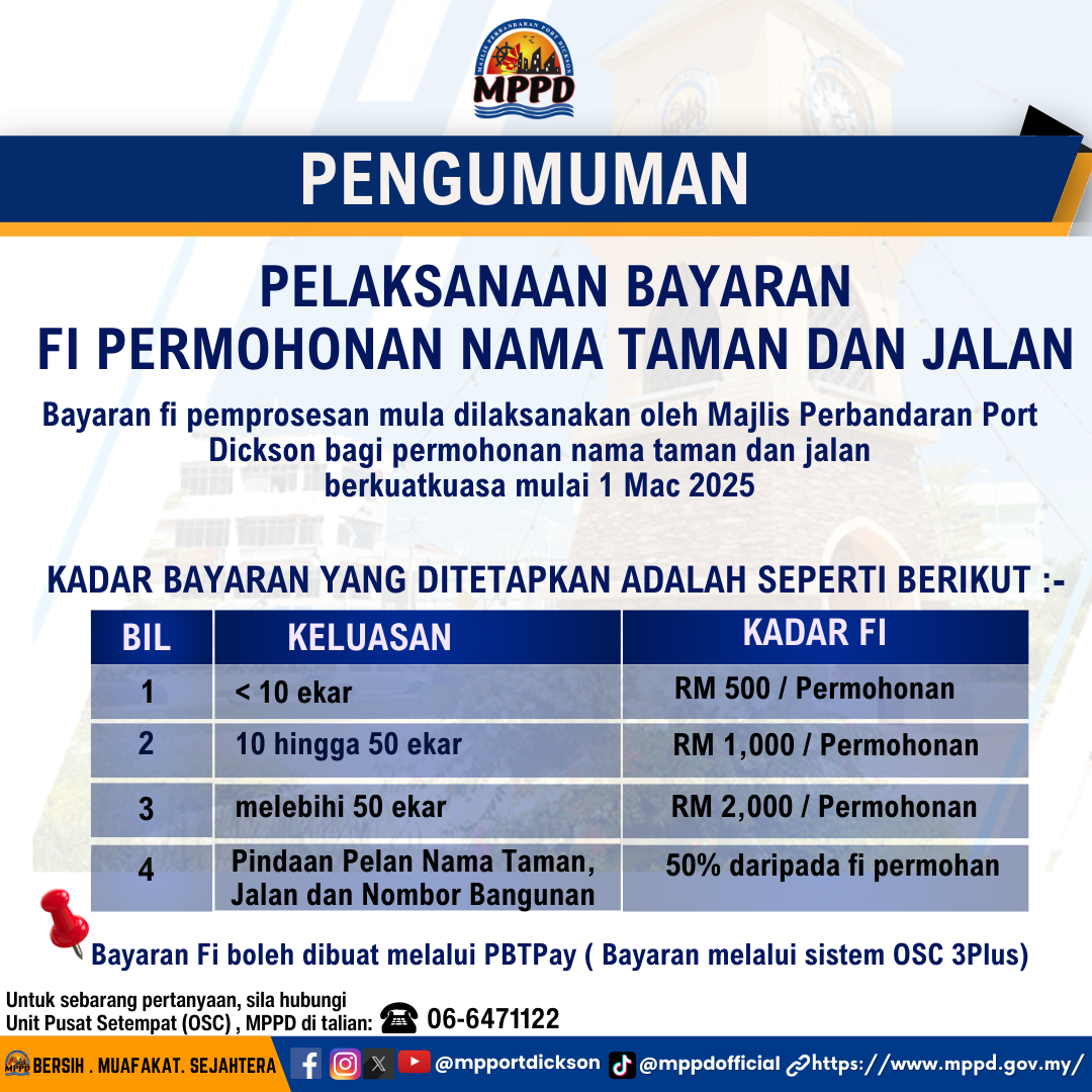 Pelaksanaan Bayaran FI Permohonan Nama Taman dan Jalan