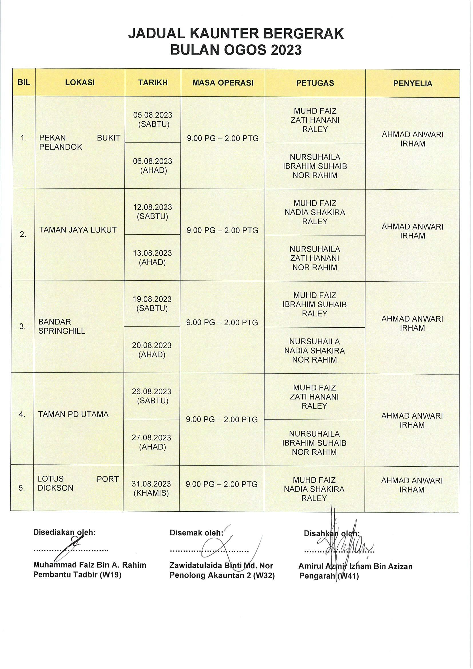 JADUAL KAUNTER PADA JULAI/OGOS 2023