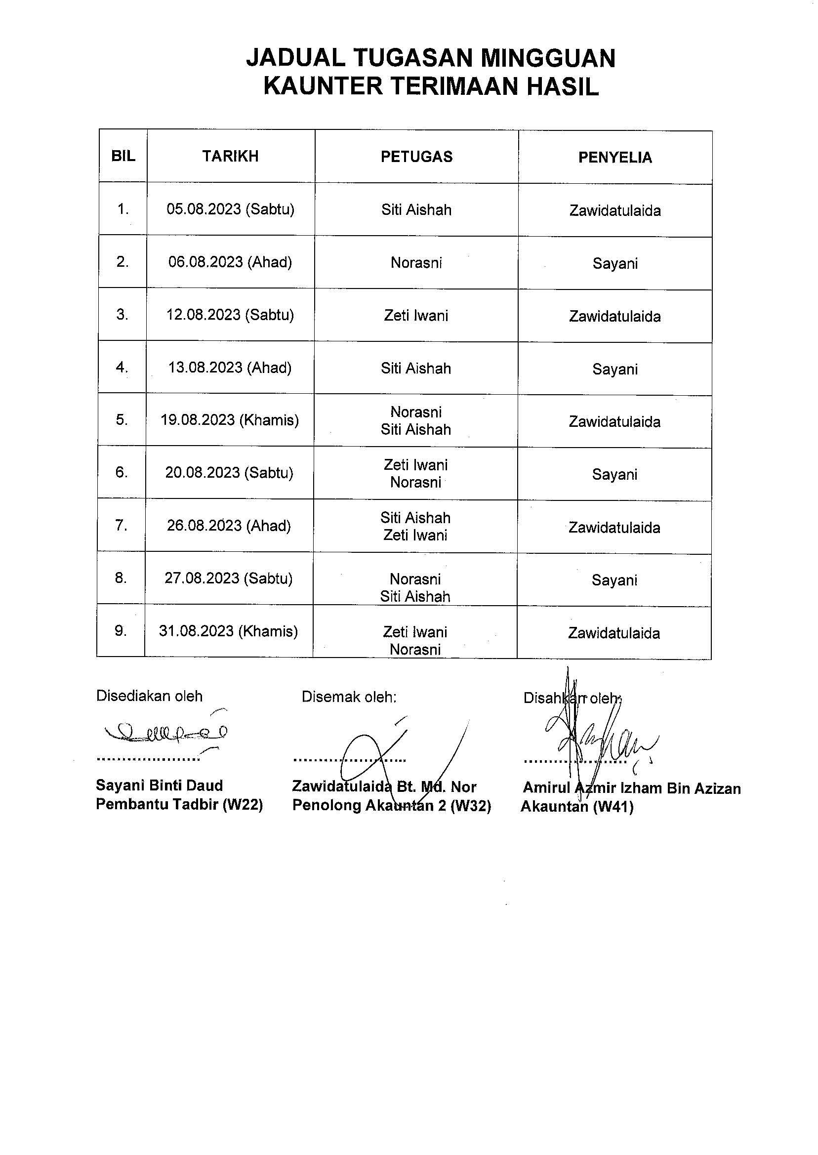 JADUAL KAUNTER PADA JULAI/OGOS 2023