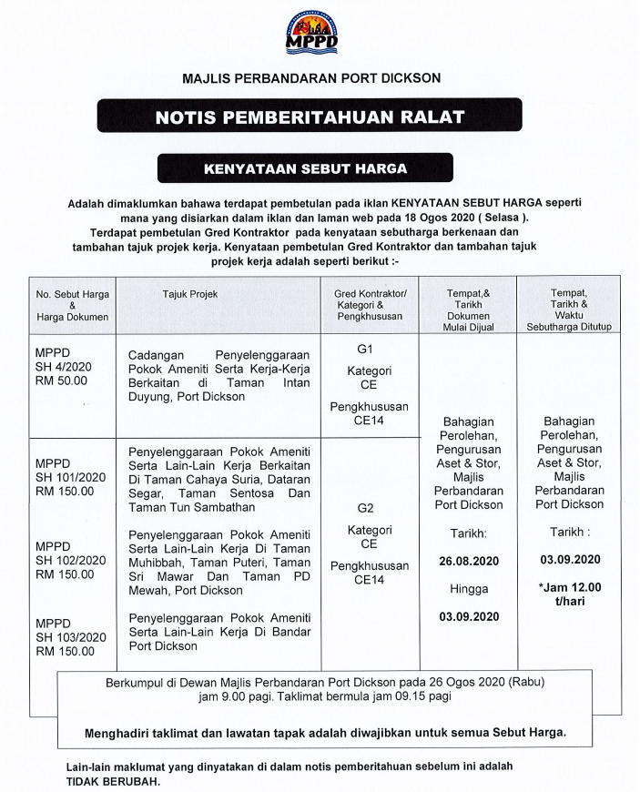 RALAT- PEMBETULAN  GRED KONTRAKTOR DAN TAMBAHAN TAJUK PROJEK KERJA