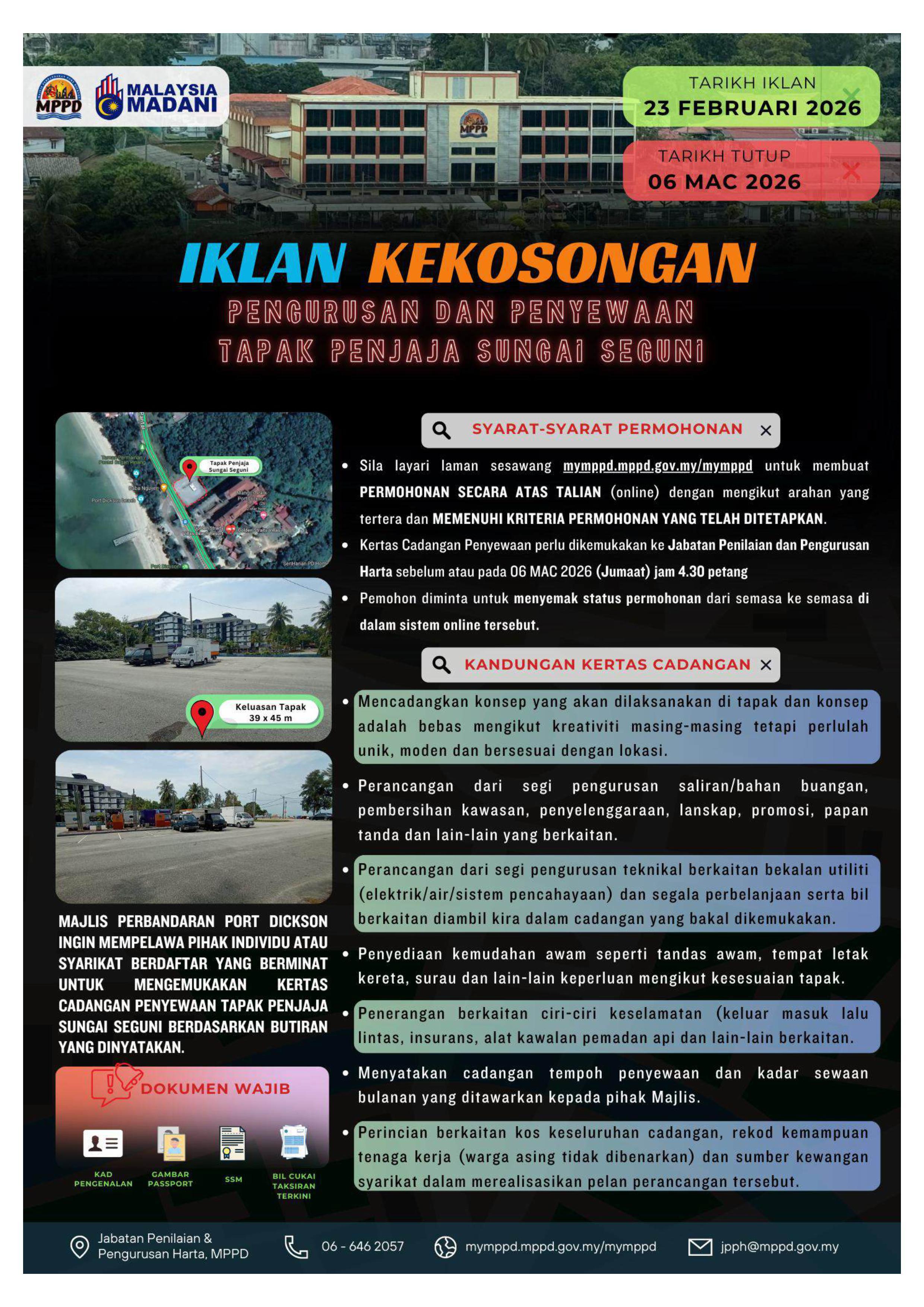 IKLAN KEKOSONGAN TAPAK PENJAJA SUNGAI SEGUNI TARIKH TUTUP 6 MAC 2026