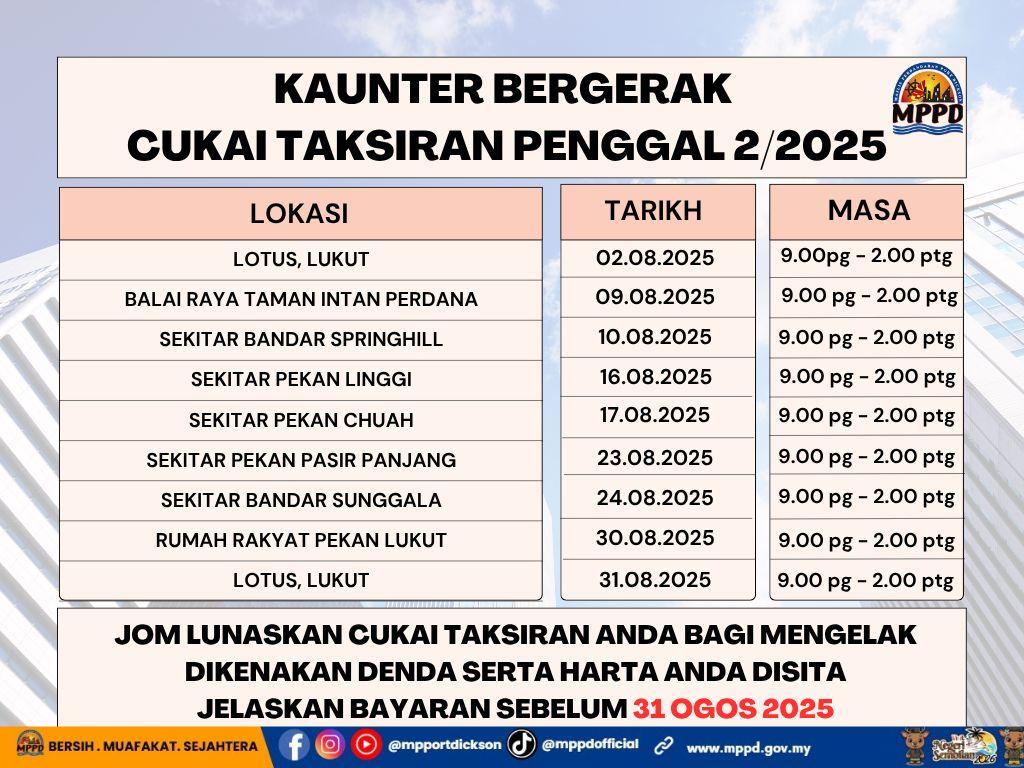 KAUNTER BERGERAK CUKAI TAKSIRAN MAJLIS PERBANDARAN PORT DICKSON PENGGAL 2/2025